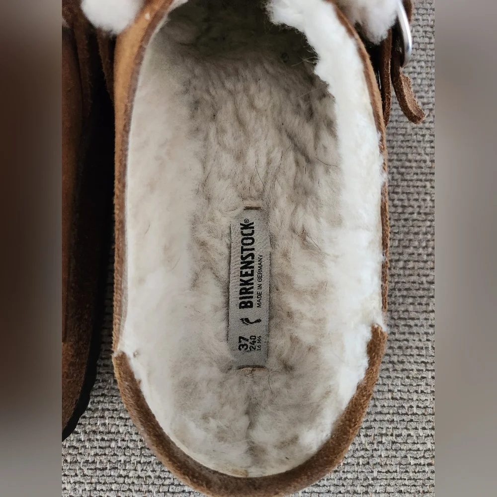Birkenstock Tan Suede Shearling-Lined Clog Mules with Buckle - Picture 9 of 10